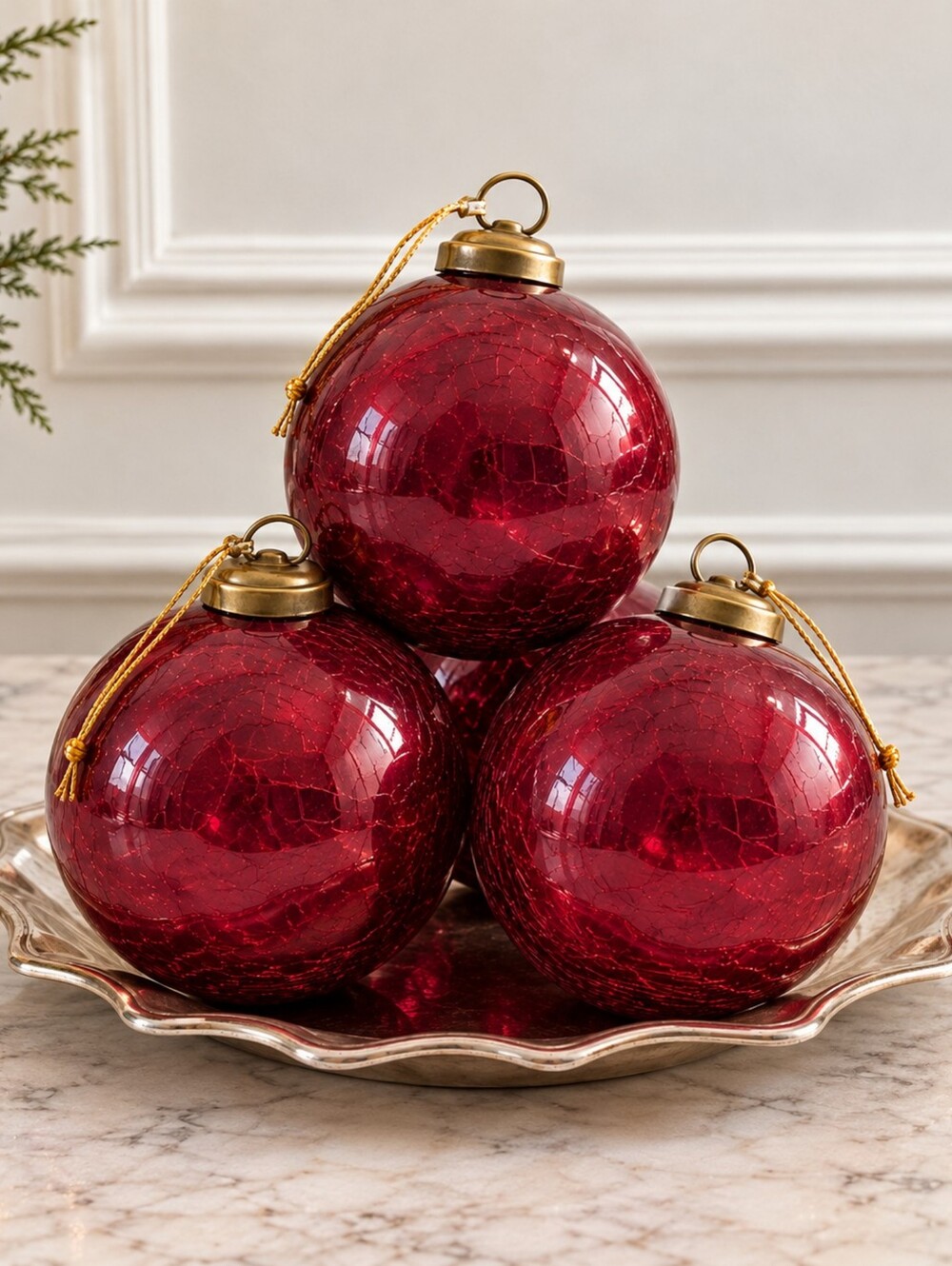 Restoration Hardware Burgundy Crackle Glass Christmas Ornaments 4" Set of 4